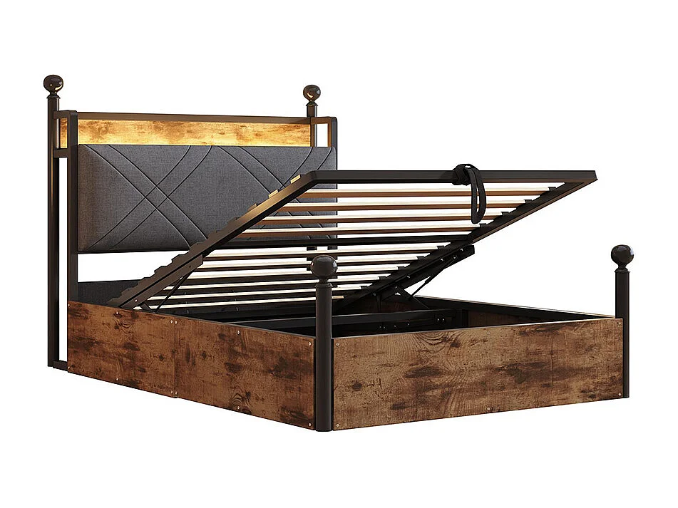 Letto singolo in ferro 90 × 190 cm, con regolazione idraulica dell'altezza, montanti rimovibili, illuminazione a LED e porte USB/Type-C, nero