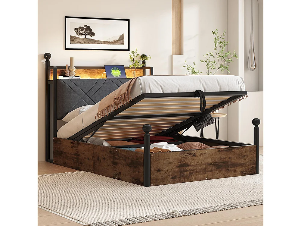 Lit simple en fer 90 × 190 cm, avec réglage hydraulique de la hauteur, montants amovibles, éclairage LED et ports USB/Type-C, noir