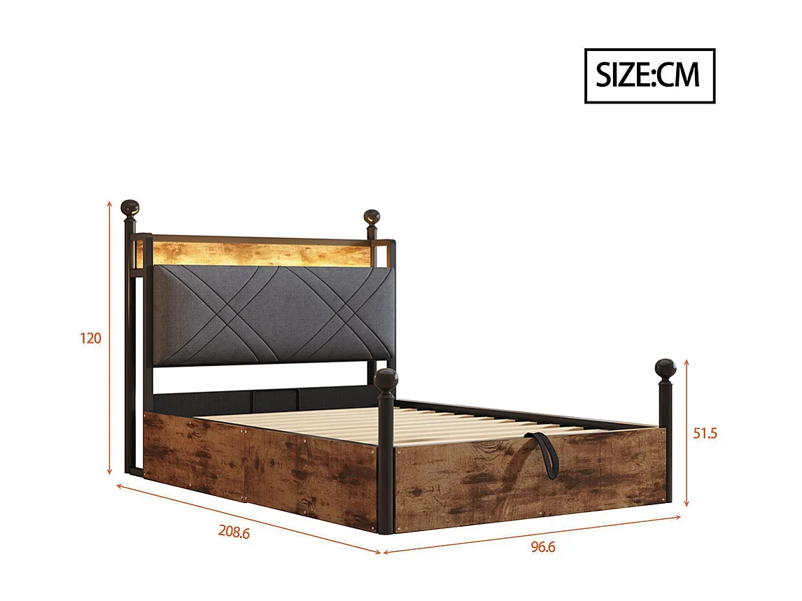 Lit simple en fer 90 × 190 cm, avec réglage hydraulique de la hauteur, montants amovibles, éclairage LED et ports USB/Type-C, noir