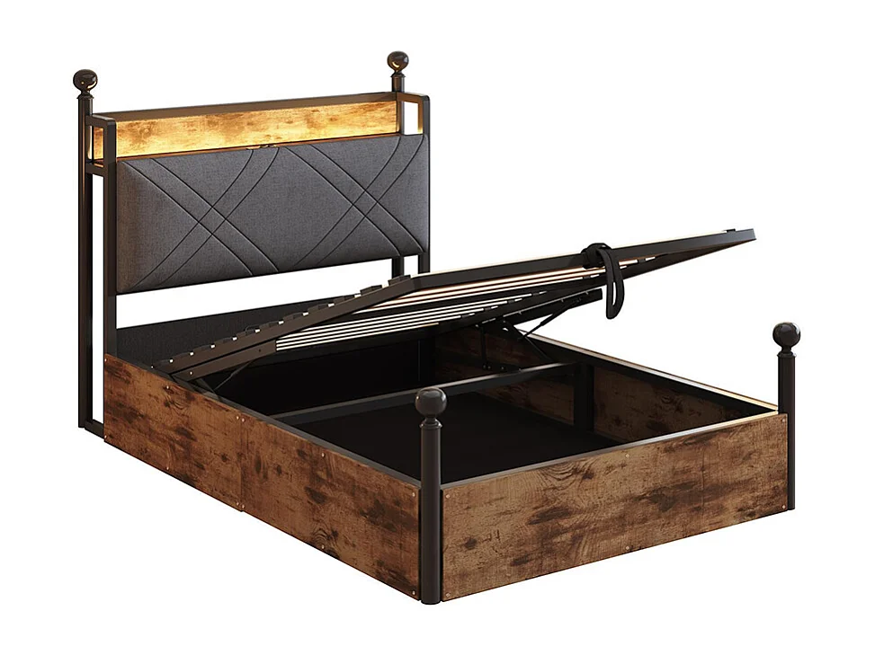 Lit simple en fer 90 × 190 cm, avec réglage hydraulique de la hauteur, montants amovibles, éclairage LED et ports USB/Type-C, noir