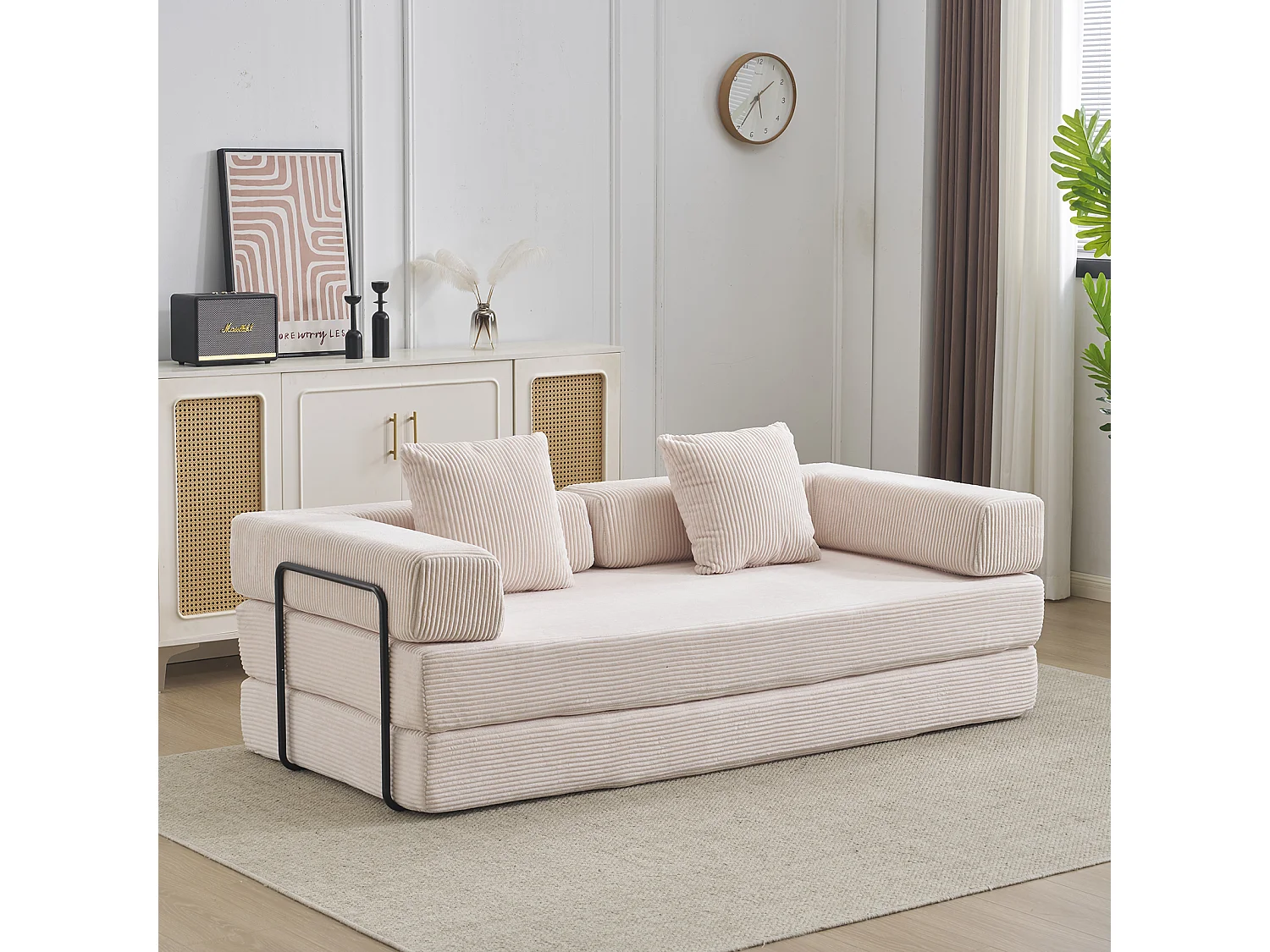 Canapé-lit convertible en velours côtelé, matelas pliant compact pour petits espaces, aucun assemblage requis, beige