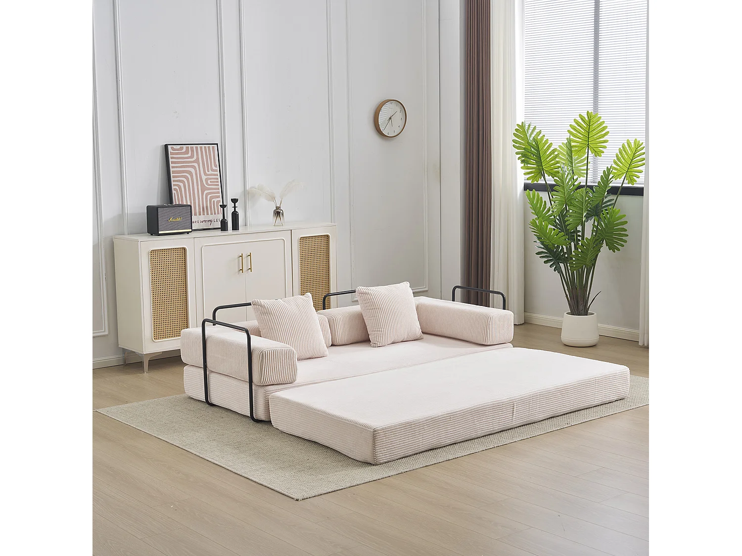 Canapé-lit convertible en velours côtelé, matelas pliant compact pour petits espaces, aucun assemblage requis, beige