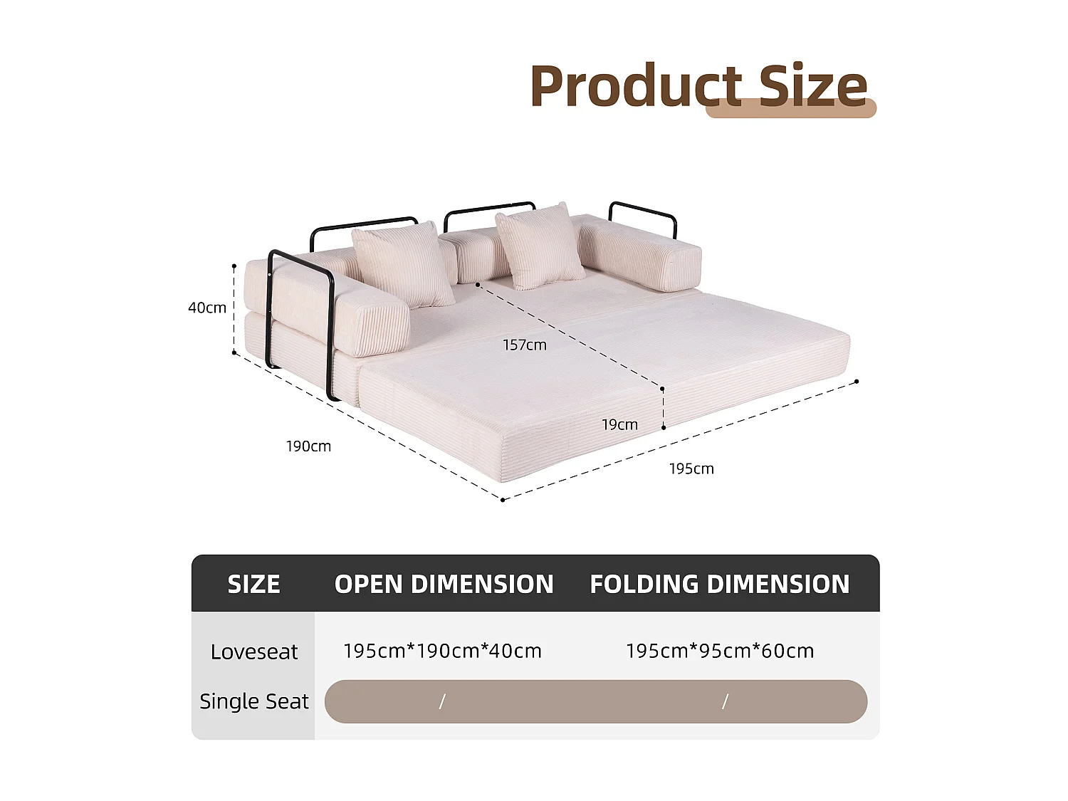 Canapé-lit convertible en velours côtelé, matelas pliant compact pour petits espaces, aucun assemblage requis, beige