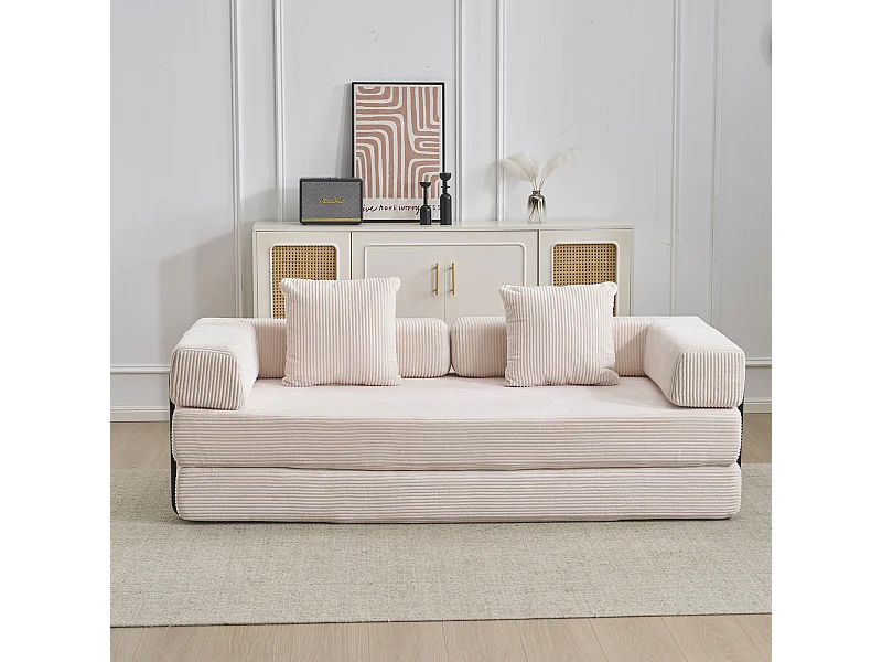 Canapé-lit convertible en velours côtelé, matelas pliant compact pour petits espaces, aucun assemblage requis, beige