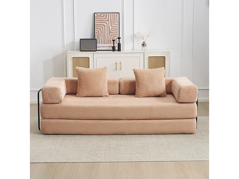 Canapé-lit convertible en velours côtelé, matelas pliant compact pour petits espaces, aucun assemblage requis, couleur abricot