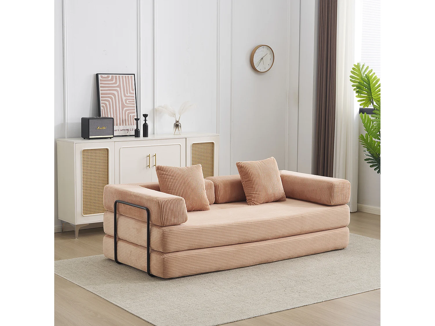 Canapé-lit convertible en velours côtelé, matelas pliant compact pour petits espaces, aucun assemblage requis, couleur abricot