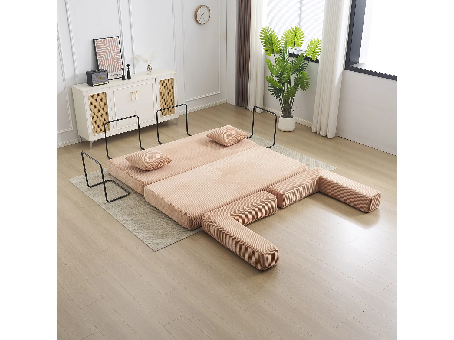 Canapé-lit convertible en velours côtelé, matelas pliant compact pour petits espaces, aucun assemblage requis, couleur abricot