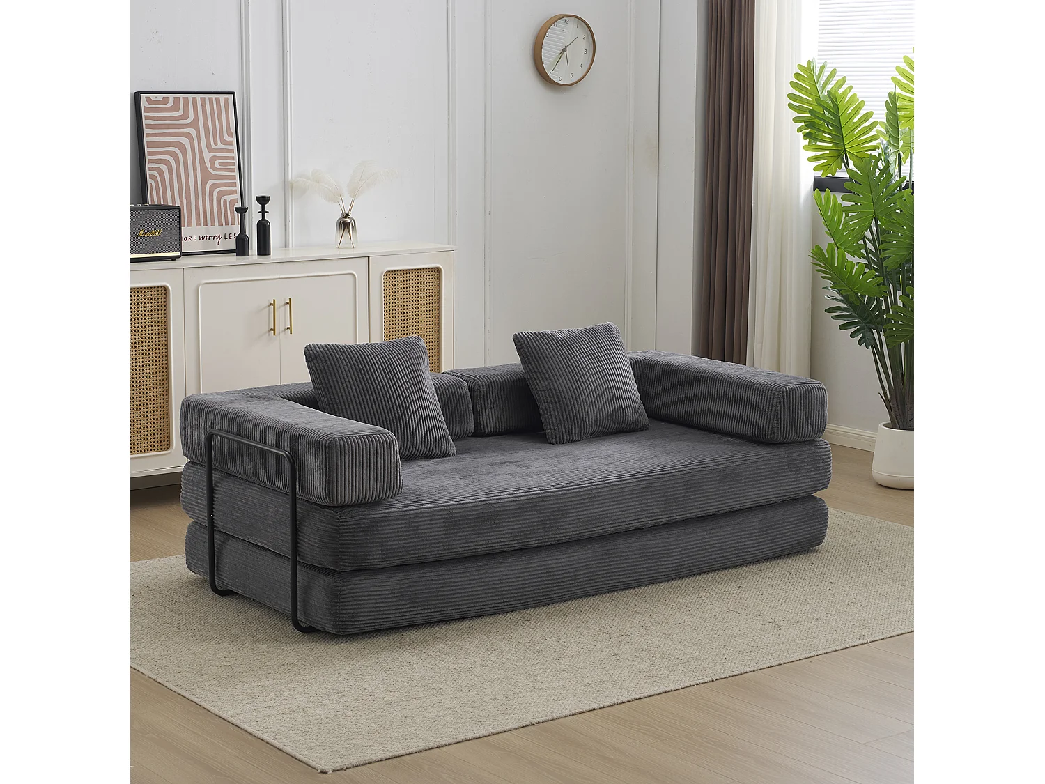 Canapé-lit convertible en velours côtelé, matelas pliant compact pour petits espaces, aucun assemblage requis, gris foncé