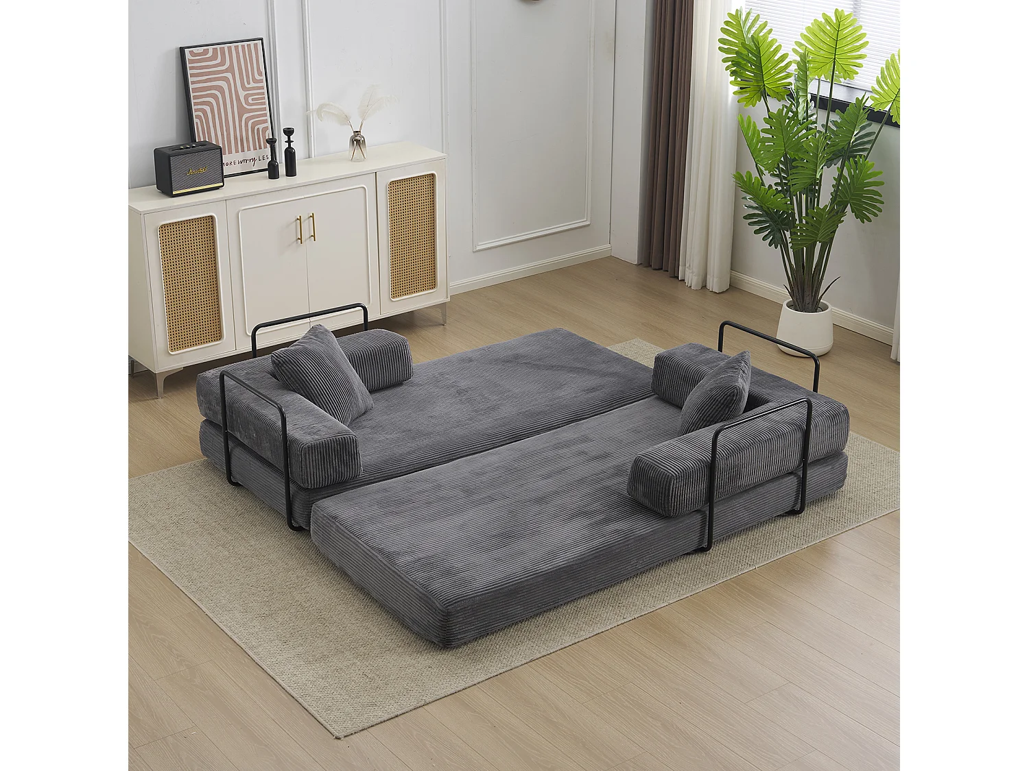 Canapé-lit convertible en velours côtelé, matelas pliant compact pour petits espaces, aucun assemblage requis, gris foncé