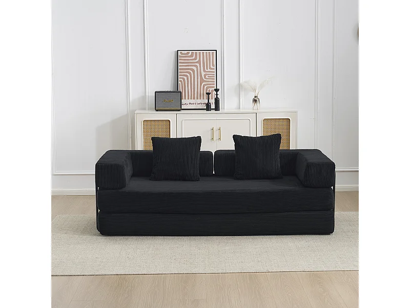 Canapé-lit convertible en velours côtelé, matelas pliant compact pour petits espaces, aucun assemblage requis, noir