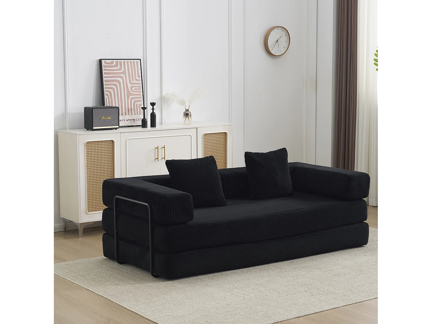 Canapé-lit convertible en velours côtelé, matelas pliant compact pour petits espaces, aucun assemblage requis, noir