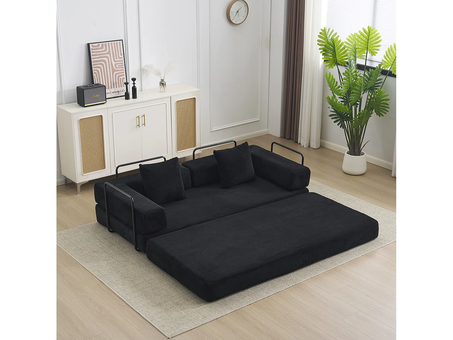 Canapé-lit convertible en velours côtelé, matelas pliant compact pour petits espaces, aucun assemblage requis, noir