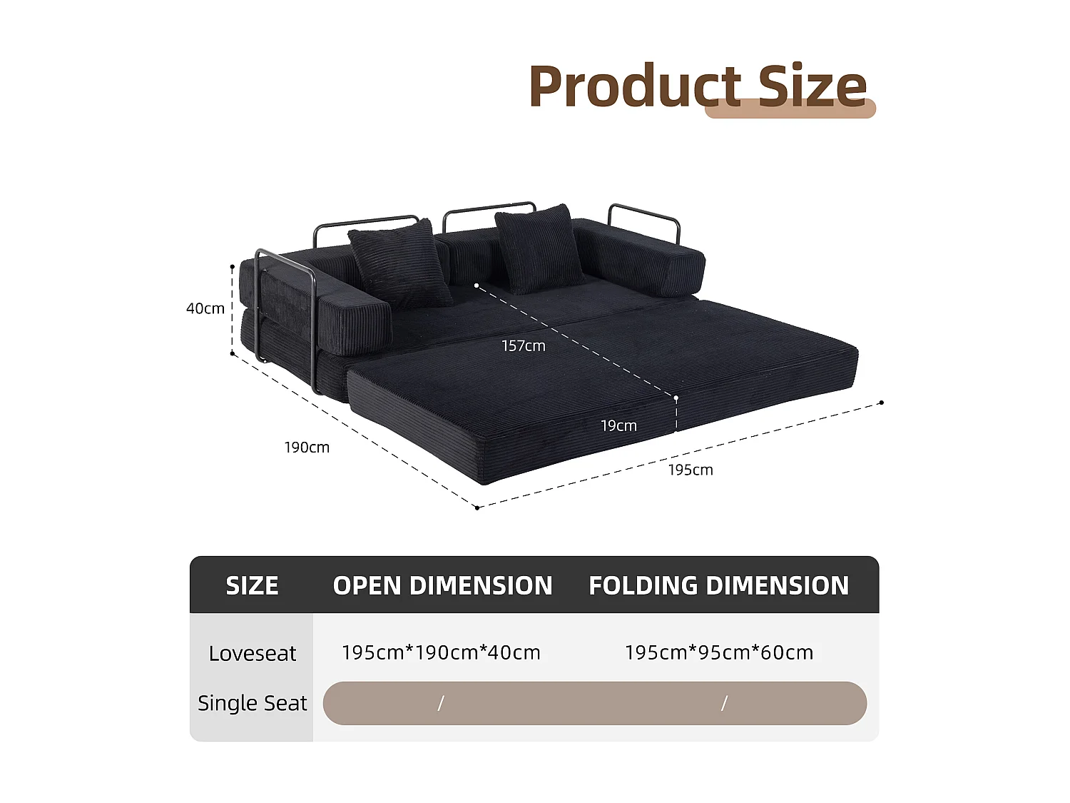 Canapé-lit convertible en velours côtelé, matelas pliant compact pour petits espaces, aucun assemblage requis, noir