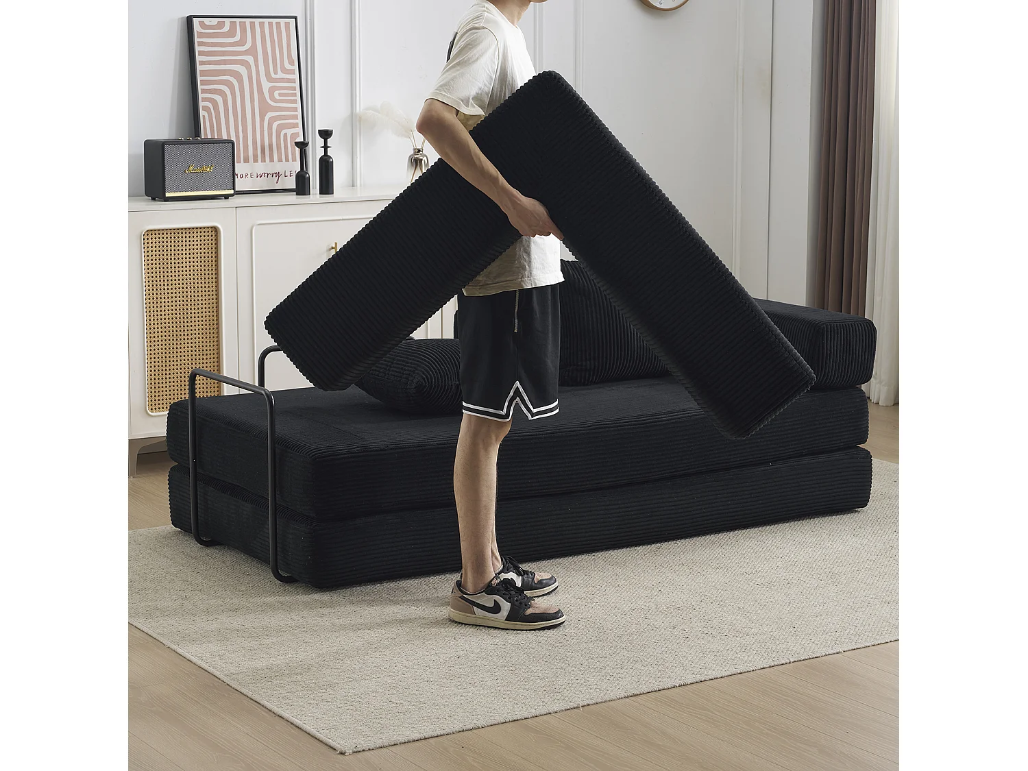 Canapé-lit convertible en velours côtelé, matelas pliant compact pour petits espaces, aucun assemblage requis, noir