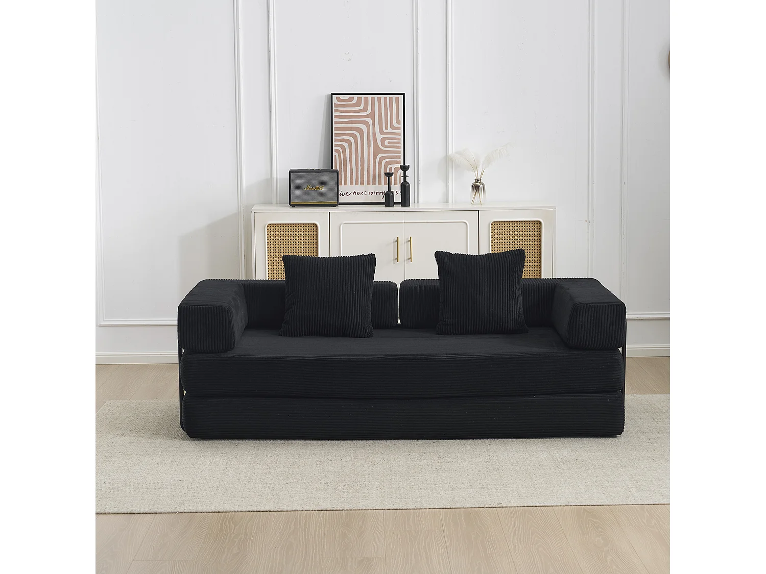 Canapé-lit convertible en velours côtelé, matelas pliant compact pour petits espaces, aucun assemblage requis, noir