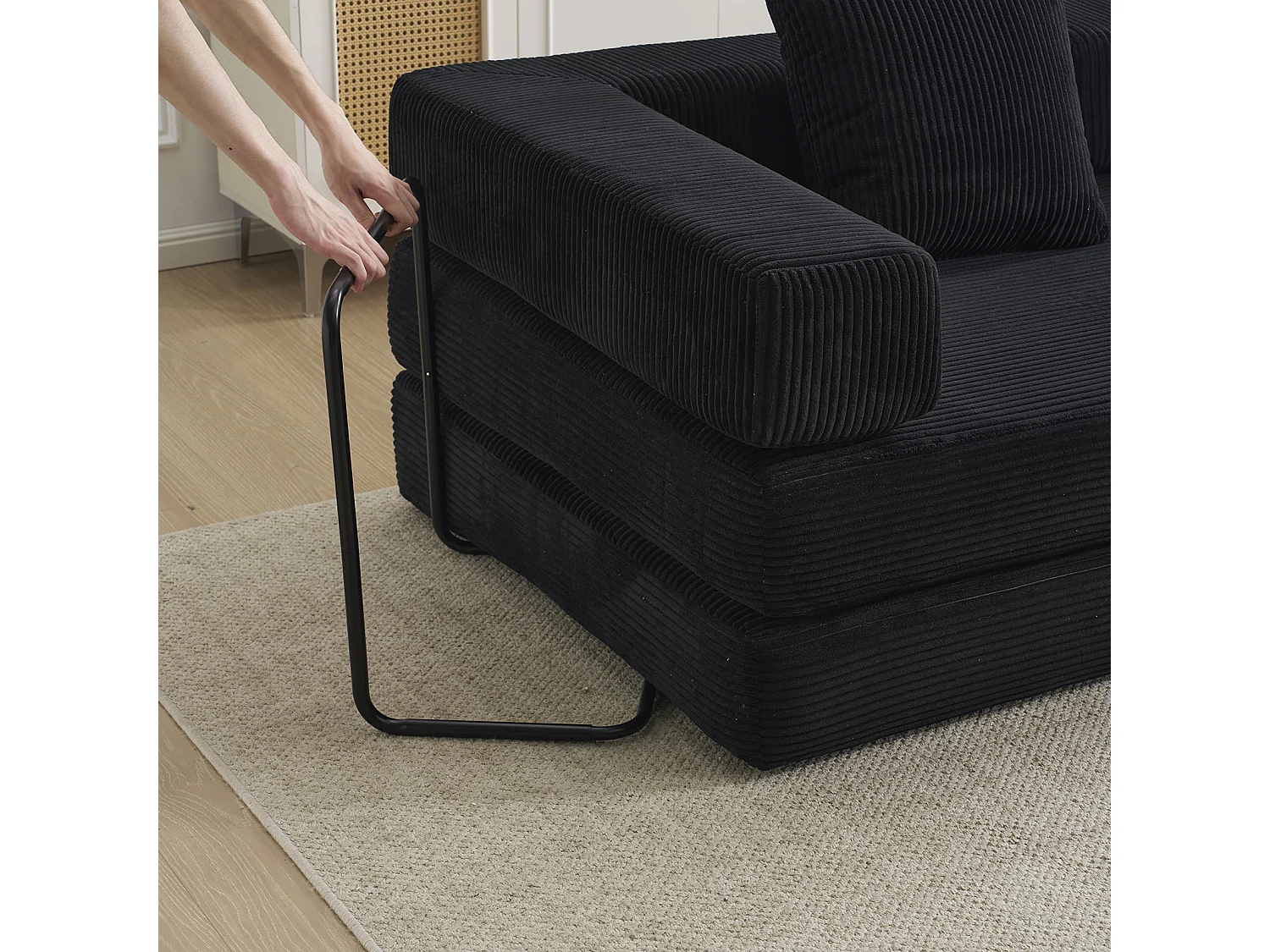 Canapé-lit convertible en velours côtelé, matelas pliant compact pour petits espaces, aucun assemblage requis, noir