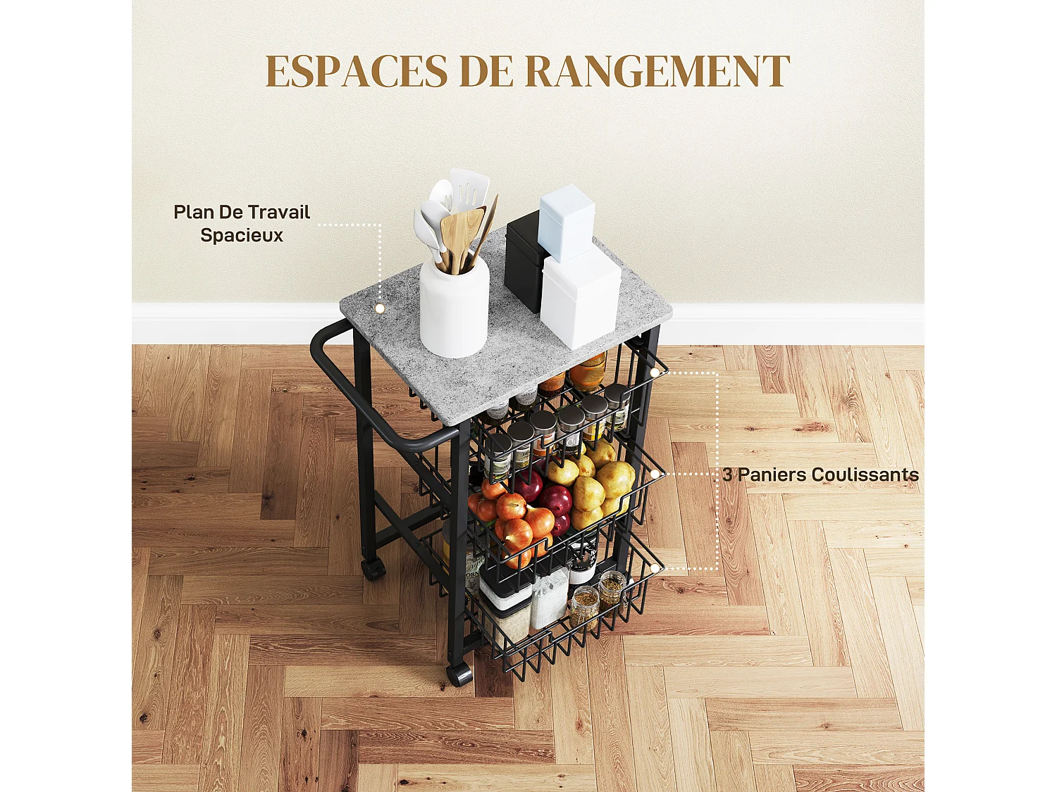 Desserte cuisine 3 paniers 4 roulettes pivotantes poignée acier noir plateau effet pierre gris clair