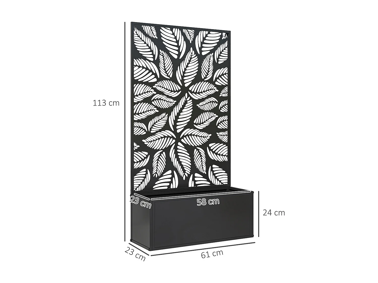 Jardinière treillis haut design graphique grandes feuilles - 61 x 23 x 113 cm - métal thermolaqué noir