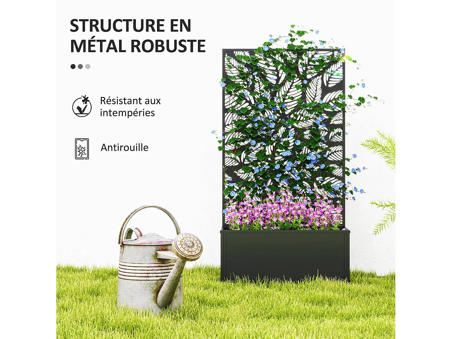 Jardinière treillis haut design graphique grandes feuilles - 61 x 23 x 113 cm - métal thermolaqué noir