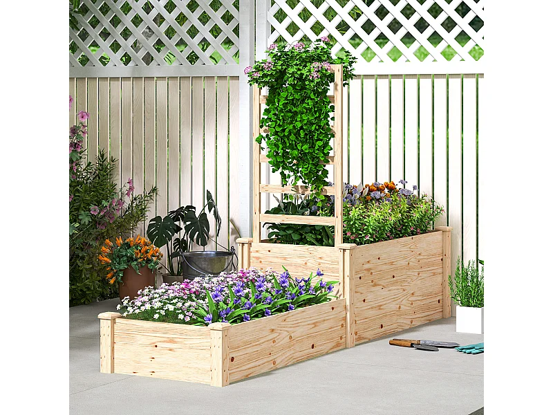 Grande jardinière double avec treillis haut dim. 222 x 63 x 132 cm bois sapin naturel