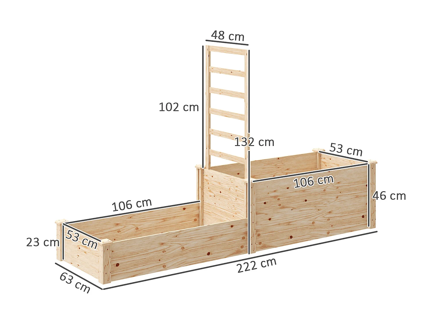 Grande jardinière double avec treillis haut dim. 222 x 63 x 132 cm bois sapin naturel