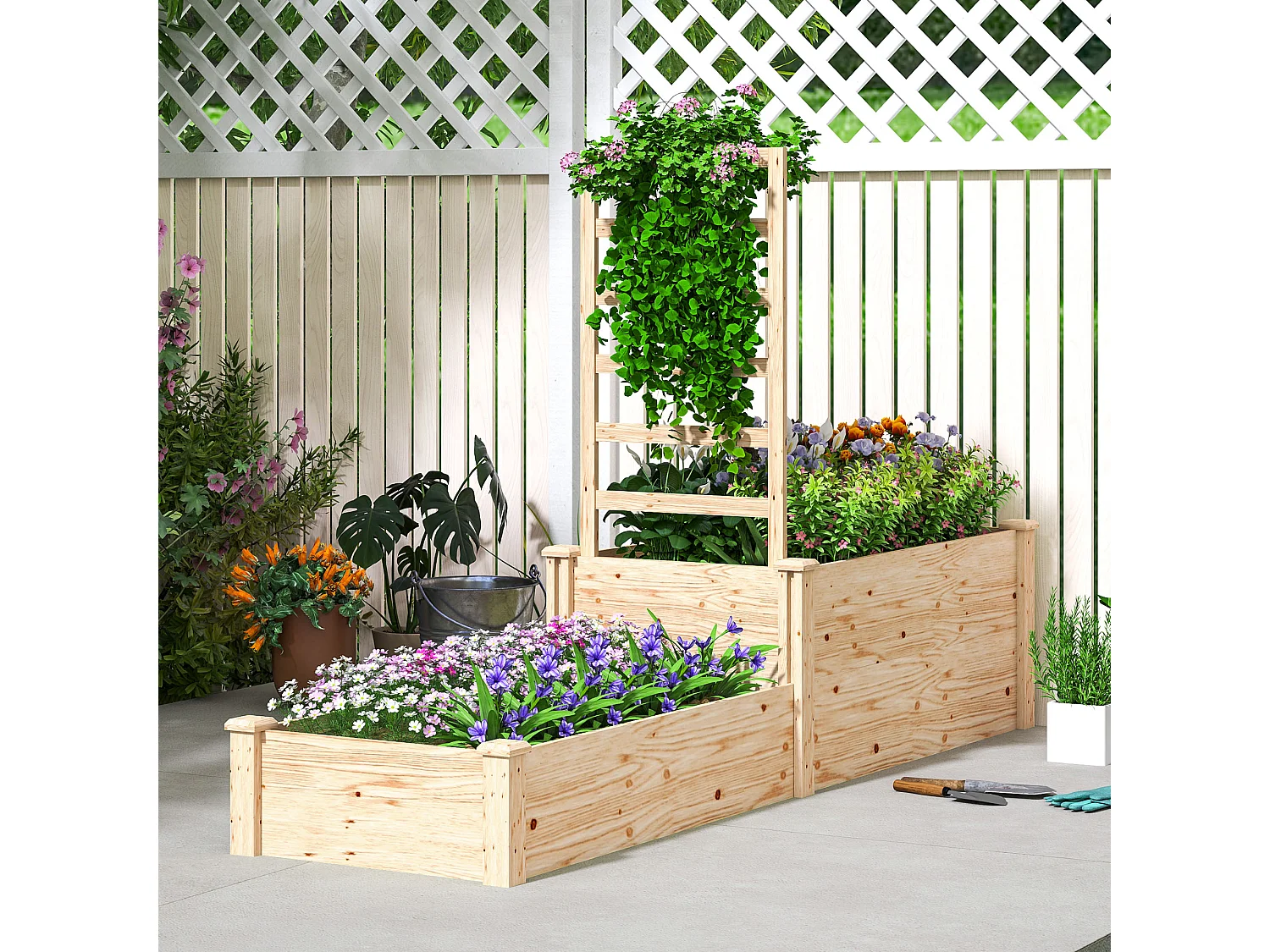 Grande jardinière double avec treillis haut dim. 222 x 63 x 132 cm bois sapin naturel