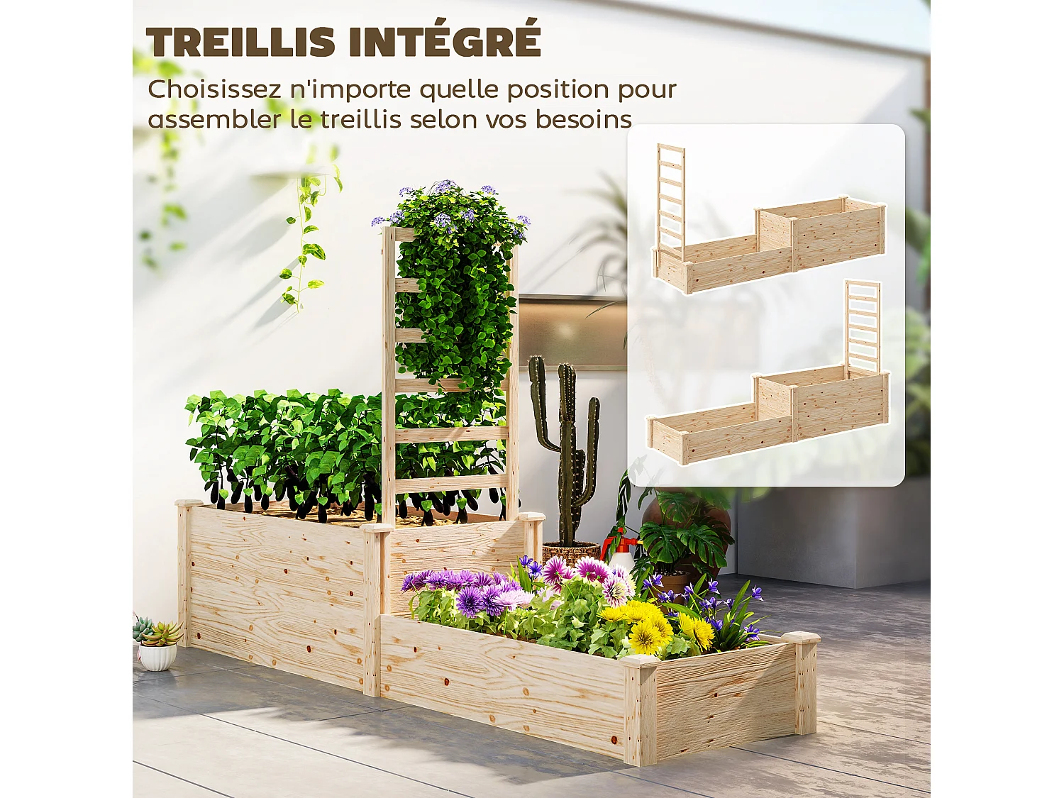 Grande jardinière double avec treillis haut dim. 222 x 63 x 132 cm bois sapin naturel