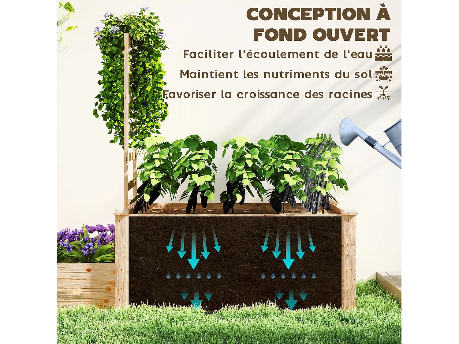 Grande jardinière double avec treillis haut dim. 222 x 63 x 132 cm bois sapin naturel