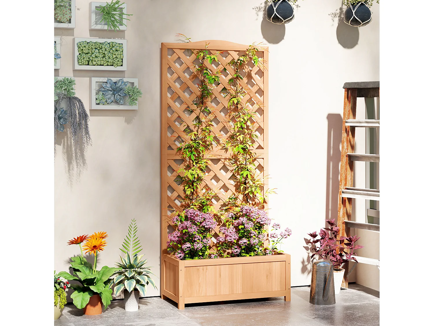 Jardinière avec treillis haut H.170cm - bac à fleurs - fond à lattes - bois sapin pré-huilé