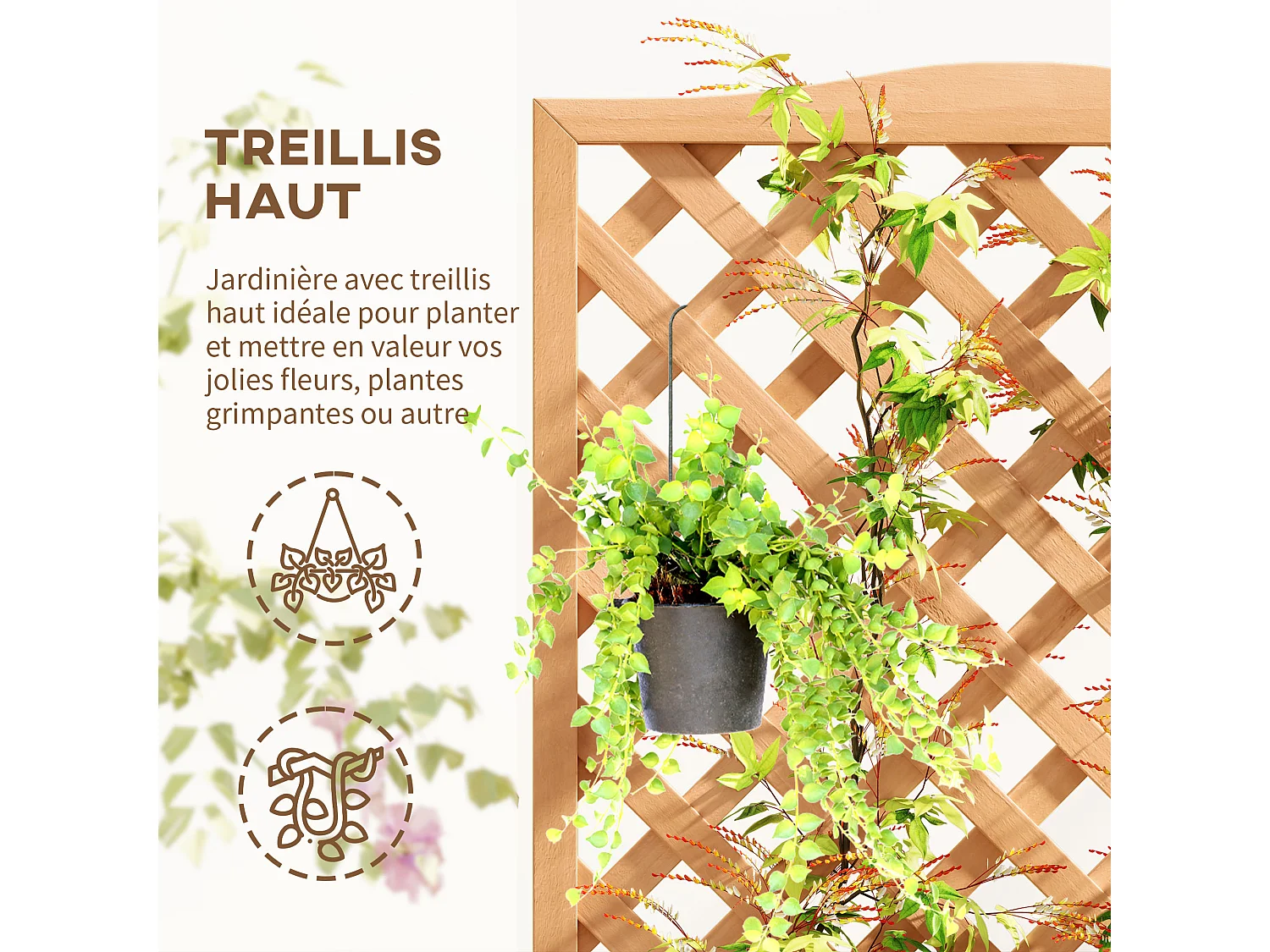 Jardinière avec treillis haut H.170cm - bac à fleurs - fond à lattes - bois sapin pré-huilé