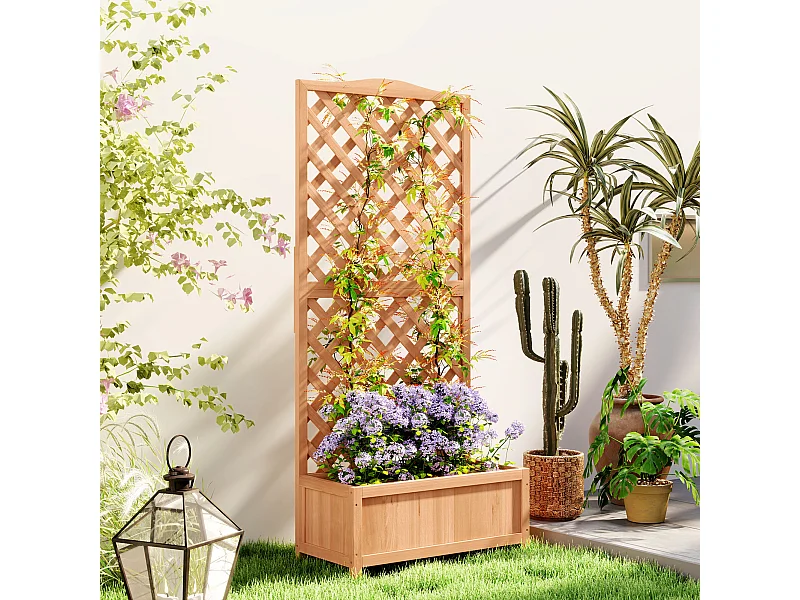 Jardinière avec treillis haut H.170cm - bac à fleurs - fond à lattes - bois sapin pré-huilé