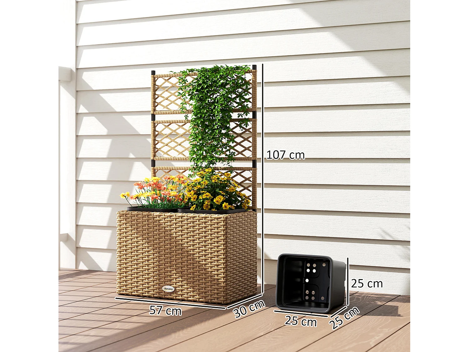 Jardinière avec treillis dim. 57L x 30l x 107H cm 2 bacs inserts d'irrigation inclus PE imitation rotin tressé sable
