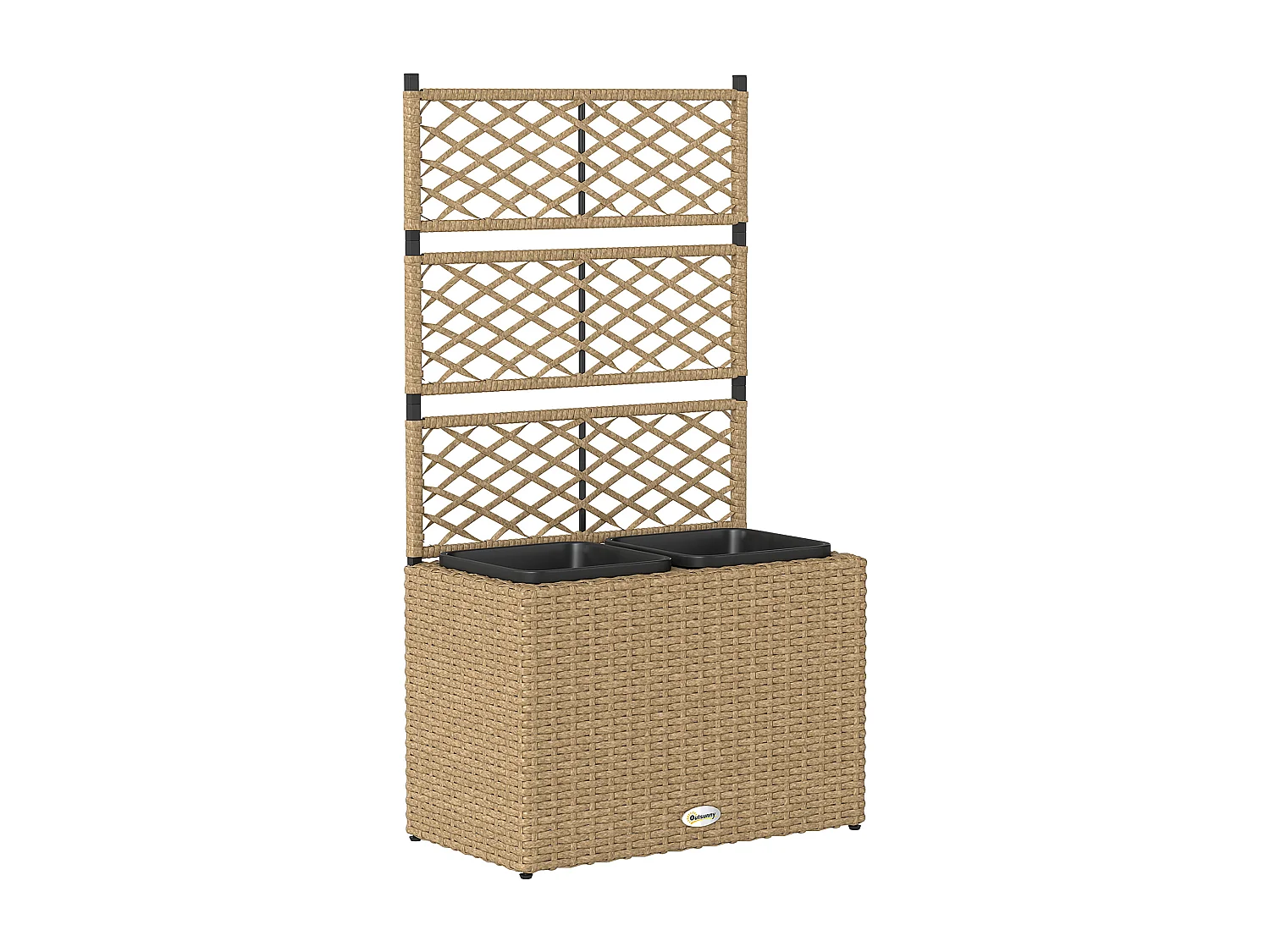 Jardinière avec treillis dim. 57L x 30l x 107H cm 2 bacs inserts d'irrigation inclus PE imitation rotin tressé sable