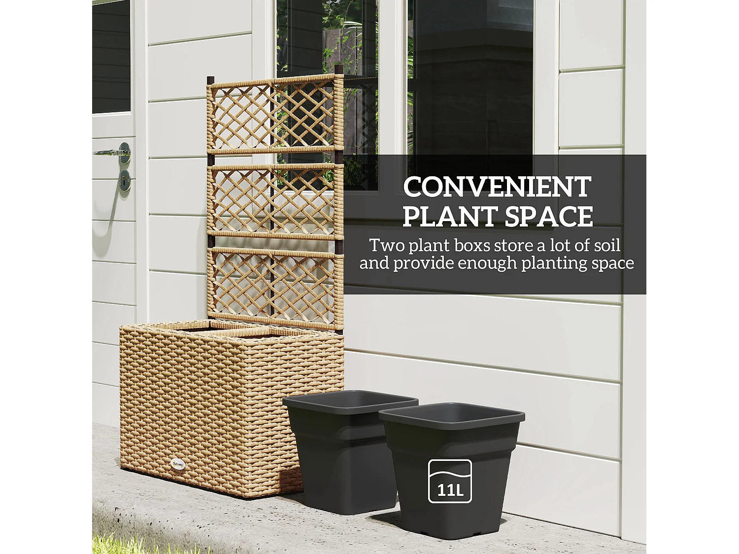 Jardinière avec treillis dim. 57L x 30l x 107H cm 2 bacs inserts d'irrigation inclus PE imitation rotin tressé sable