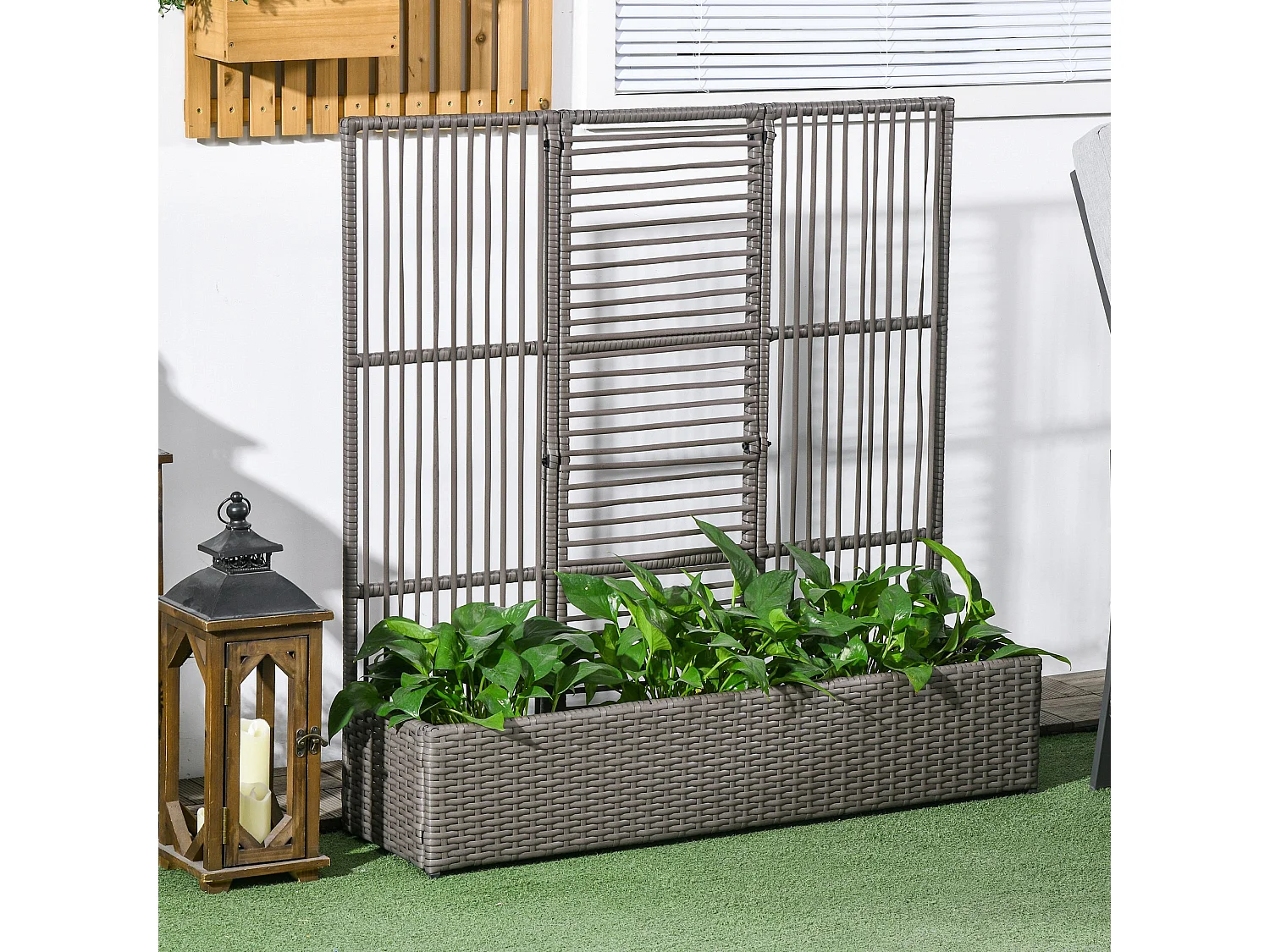 Jardinière avec treillis haut dim. 103L x 29l x 103H cm résine tressée PE aspect rotin gris