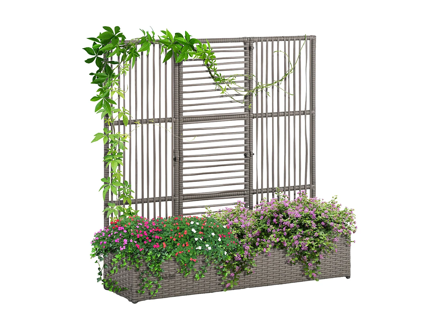 Jardinière avec treillis haut dim. 103L x 29l x 103H cm résine tressée PE aspect rotin gris