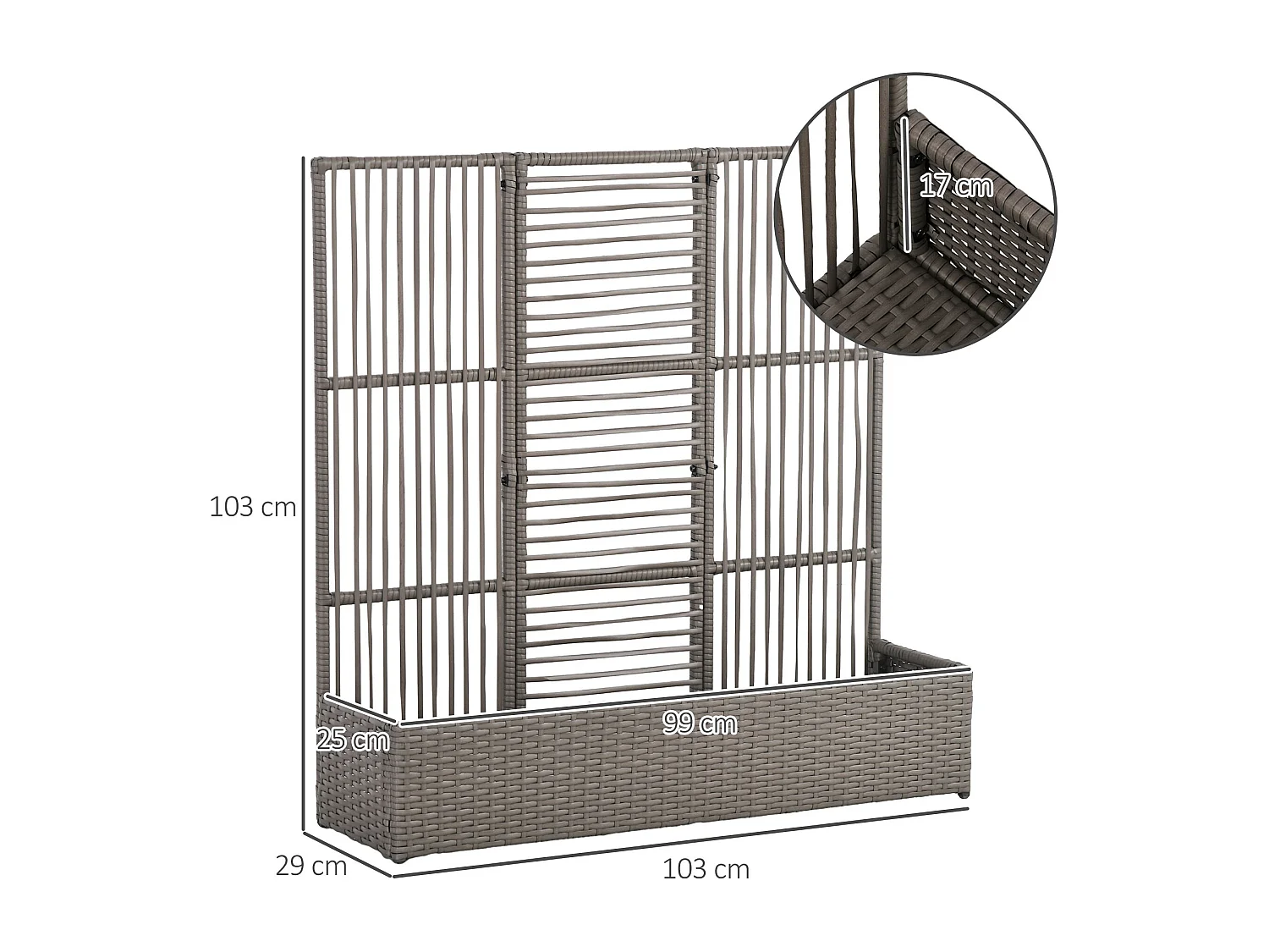 Jardinière avec treillis haut dim. 103L x 29l x 103H cm résine tressée PE aspect rotin gris