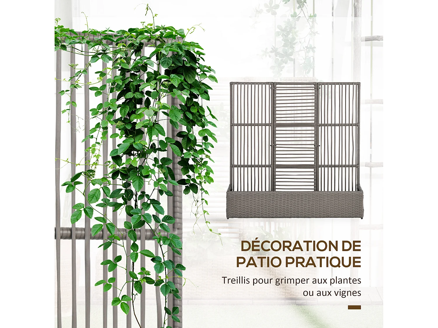 Jardinière avec treillis haut dim. 103L x 29l x 103H cm résine tressée PE aspect rotin gris