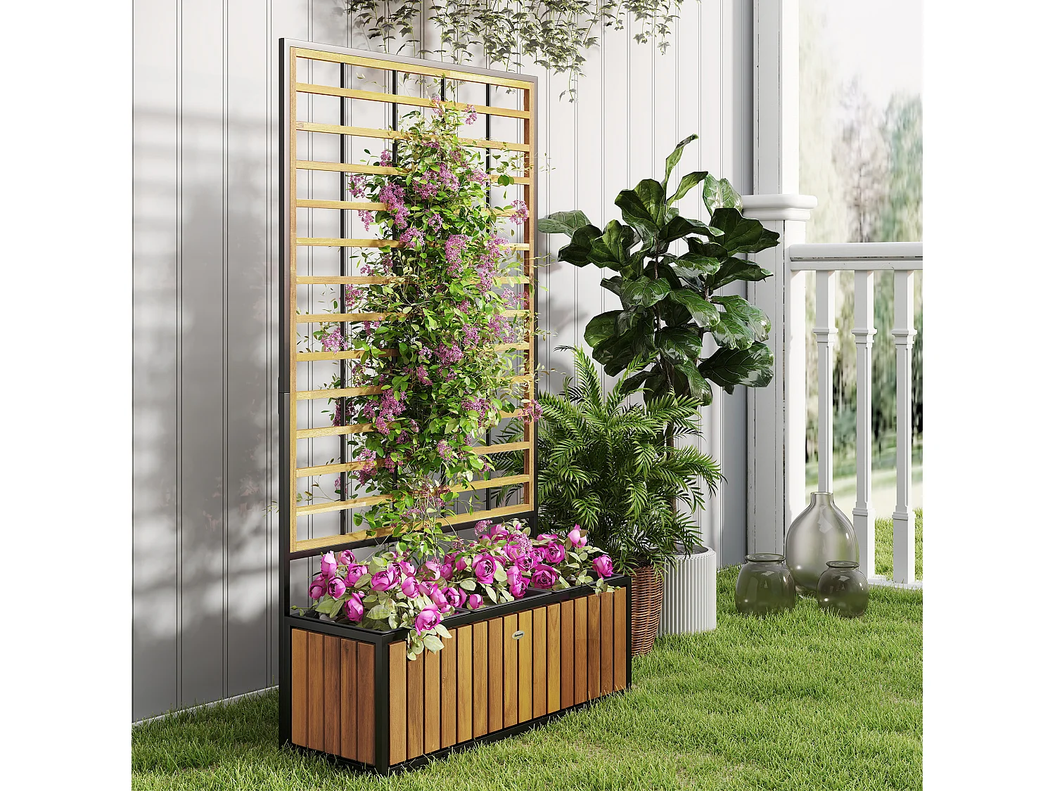 Jardinière avec treillis design tropical dim. 74 x 27 x 131 cm bicolore acier noir bois acacia verni