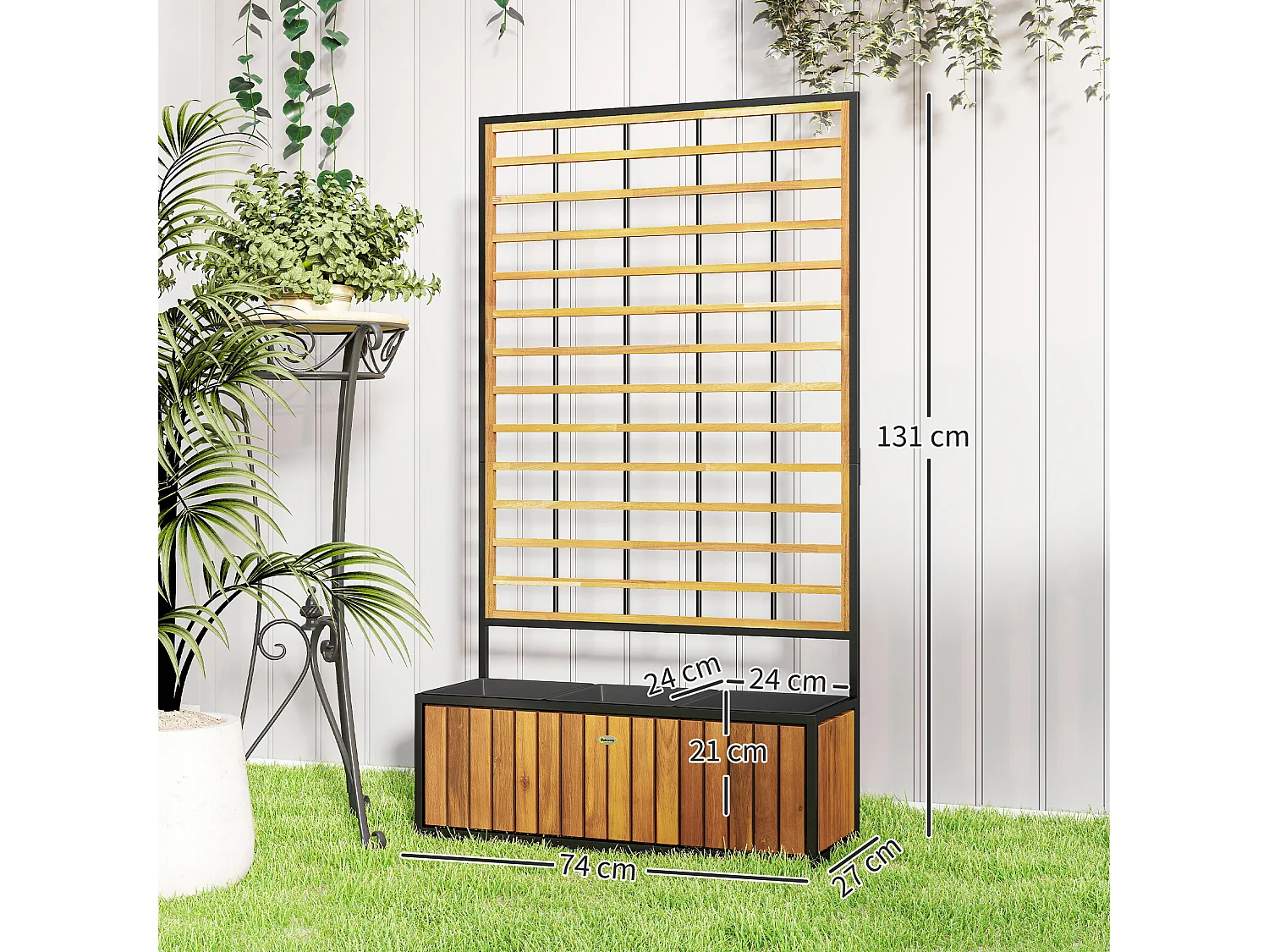 Jardinière avec treillis design tropical dim. 74 x 27 x 131 cm bicolore acier noir bois acacia verni