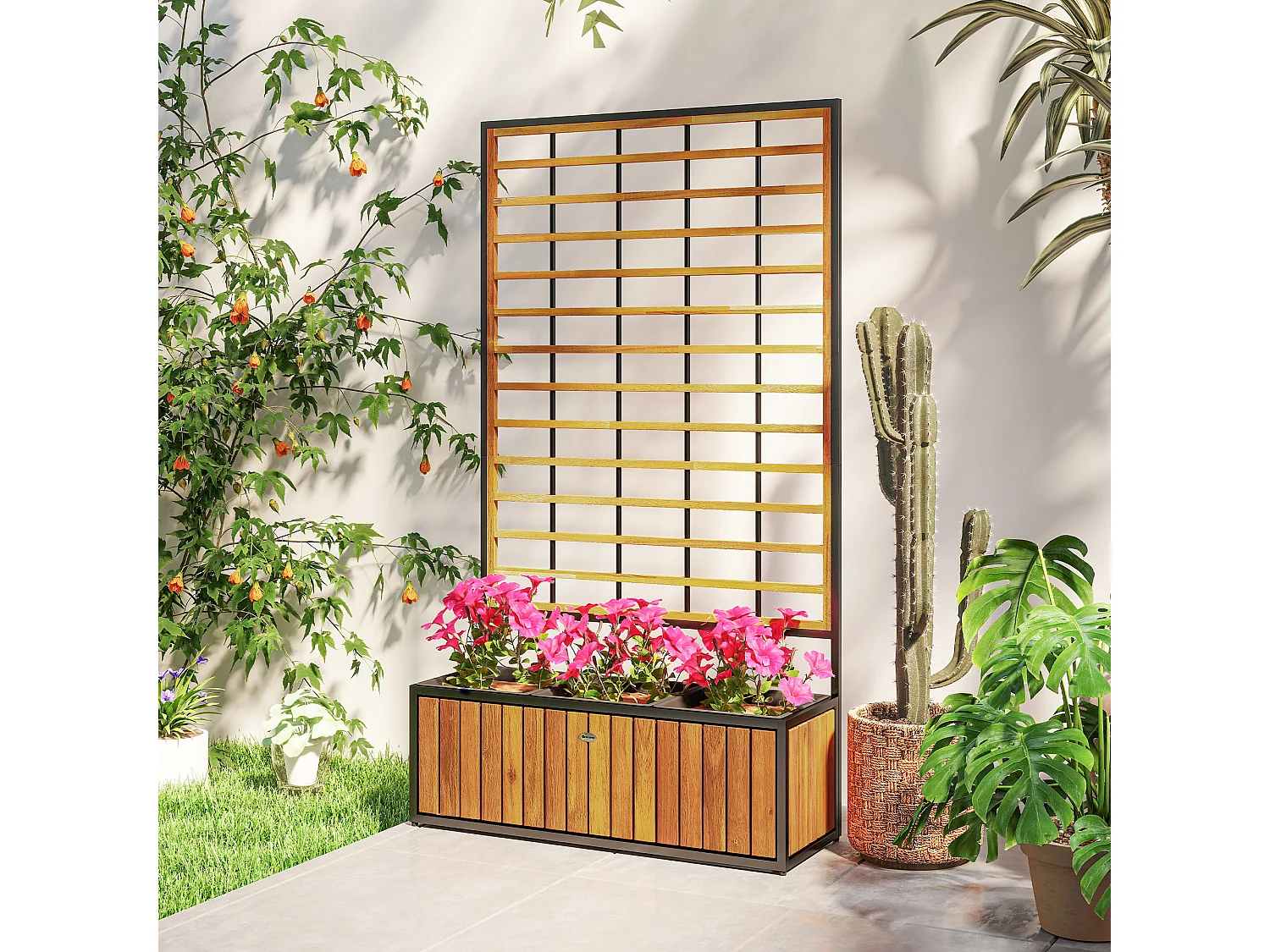 Jardinière avec treillis design tropical dim. 74 x 27 x 131 cm bicolore acier noir bois acacia verni