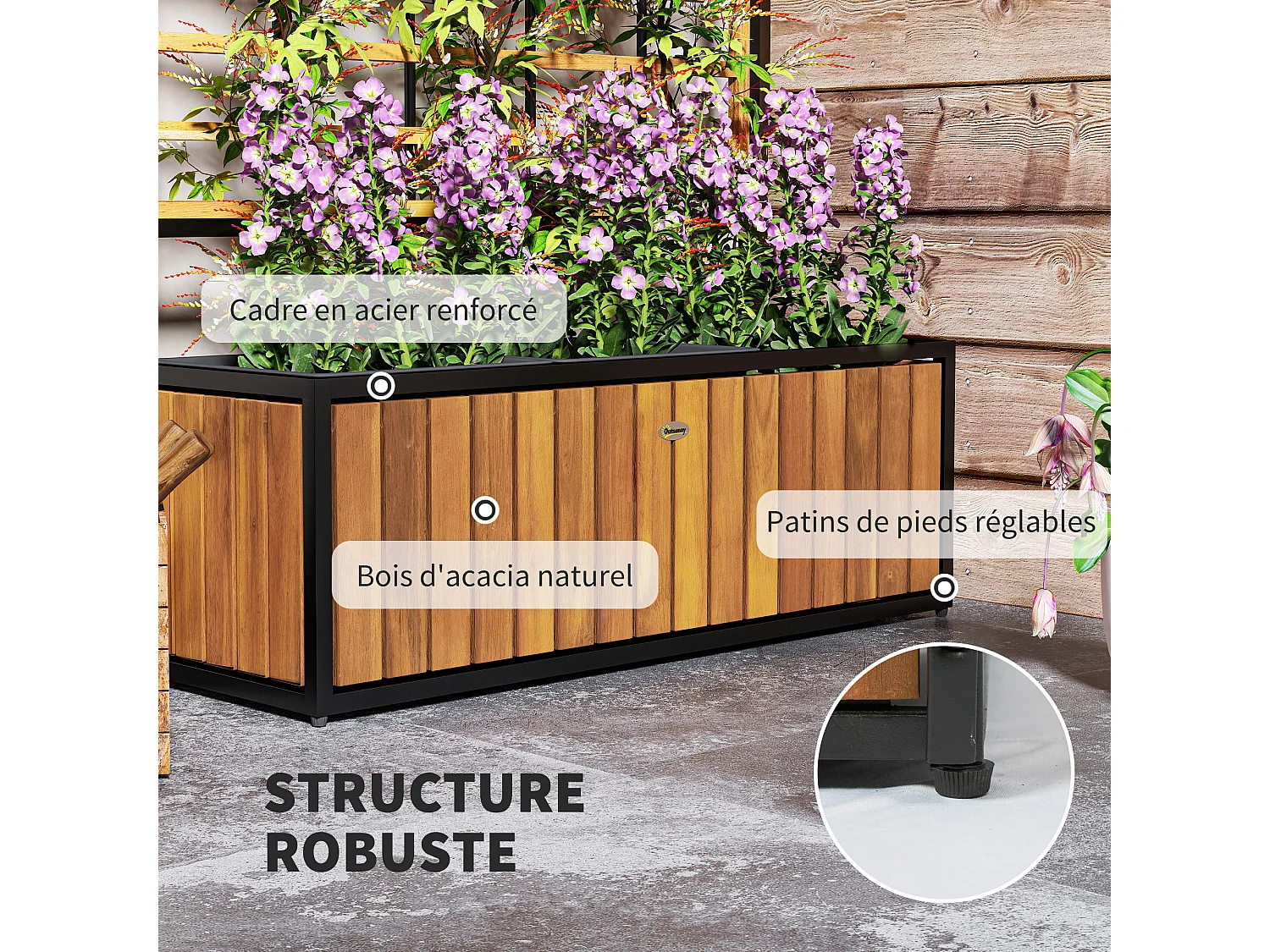 Jardinière avec treillis design tropical dim. 74 x 27 x 131 cm bicolore acier noir bois acacia verni