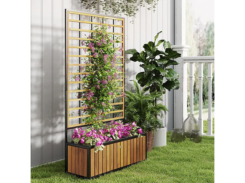 Jardinière avec treillis design tropical dim. 74 x 27 x 131 cm bicolore acier noir bois acacia verni