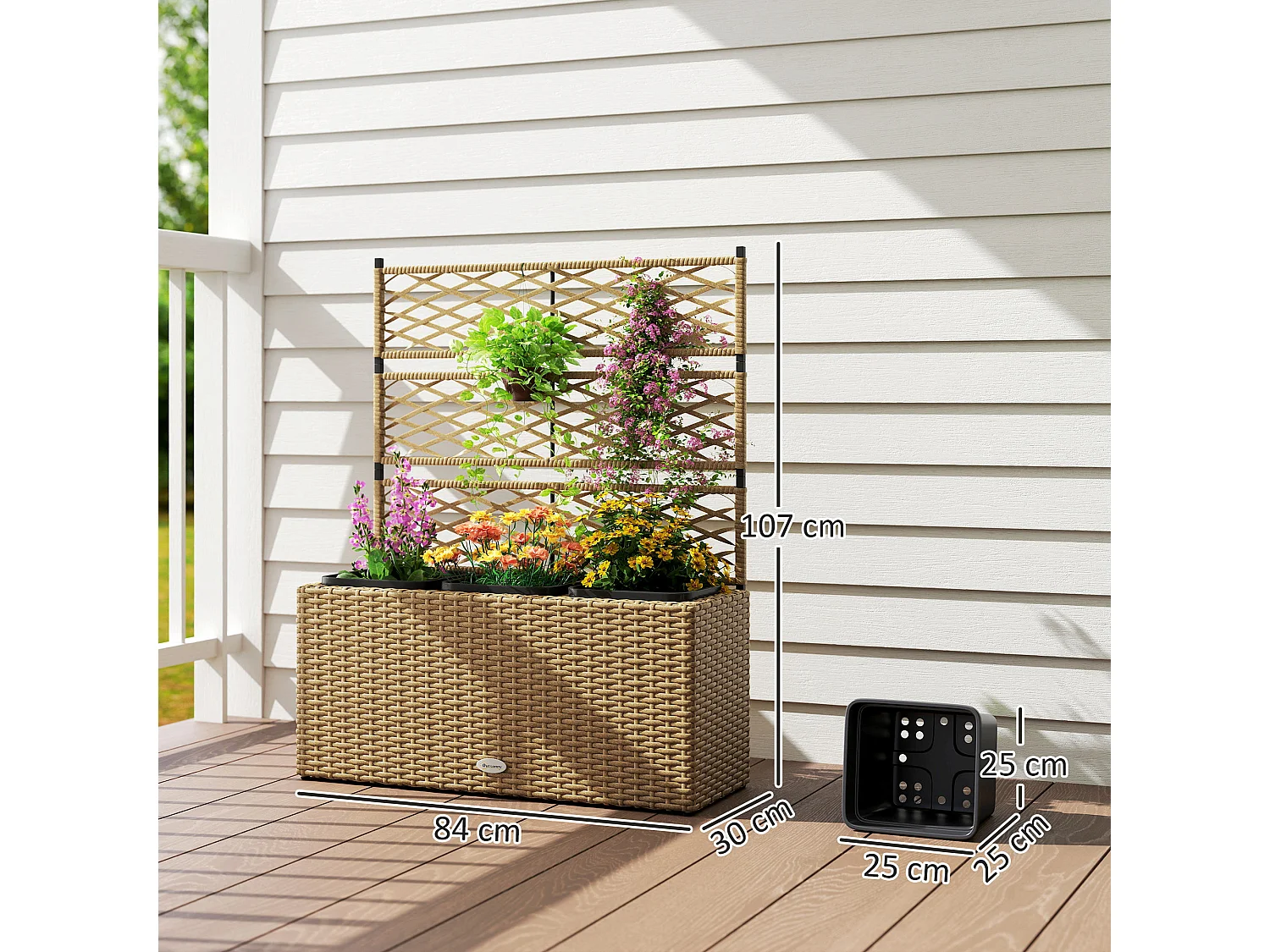Jardinière avec treillis dim. 84L x 30l x 107H cm 3 bacs inserts d'irrigation inclus PE imitation rotin tressé sable