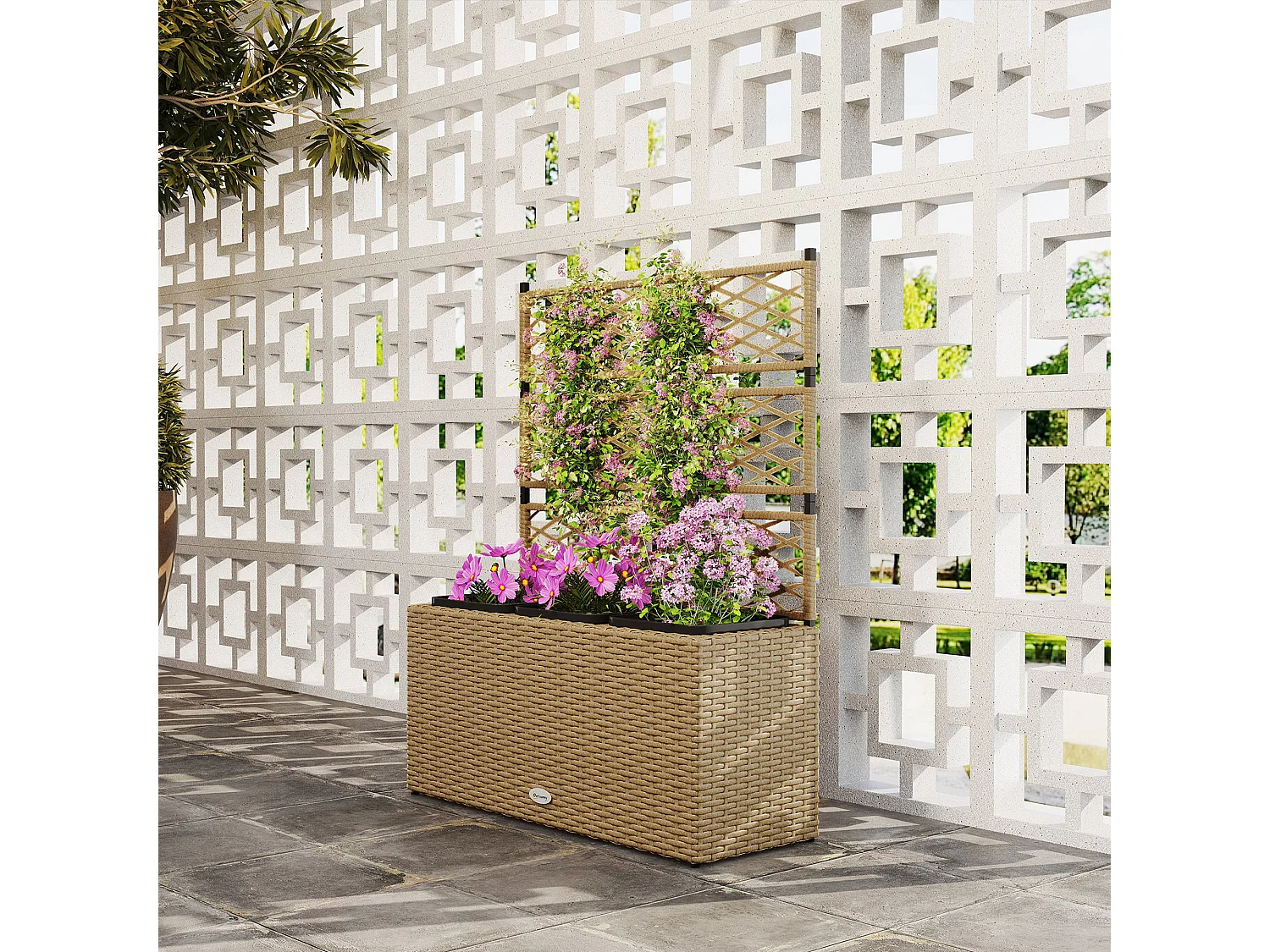 Jardinière avec treillis dim. 84L x 30l x 107H cm 3 bacs inserts d'irrigation inclus PE imitation rotin tressé sable
