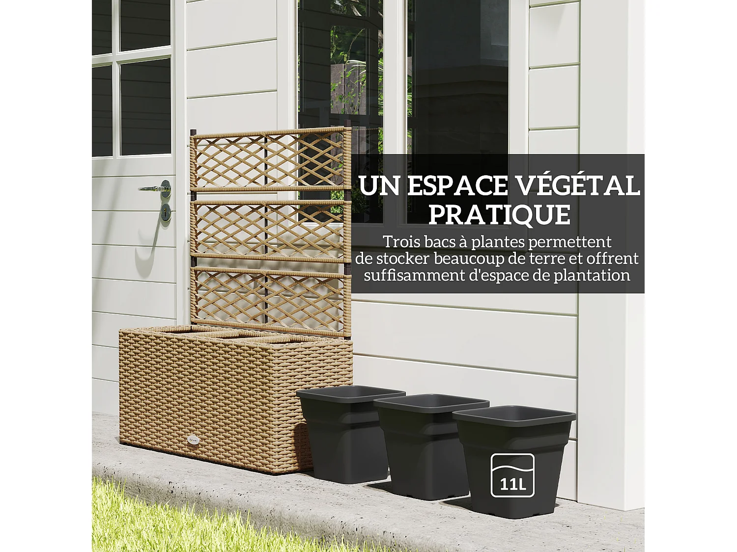 Jardinière avec treillis dim. 84L x 30l x 107H cm 3 bacs inserts d'irrigation inclus PE imitation rotin tressé sable