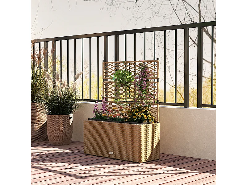 Jardinière avec treillis dim. 84L x 30l x 107H cm 3 bacs inserts d'irrigation inclus PE imitation rotin tressé sable