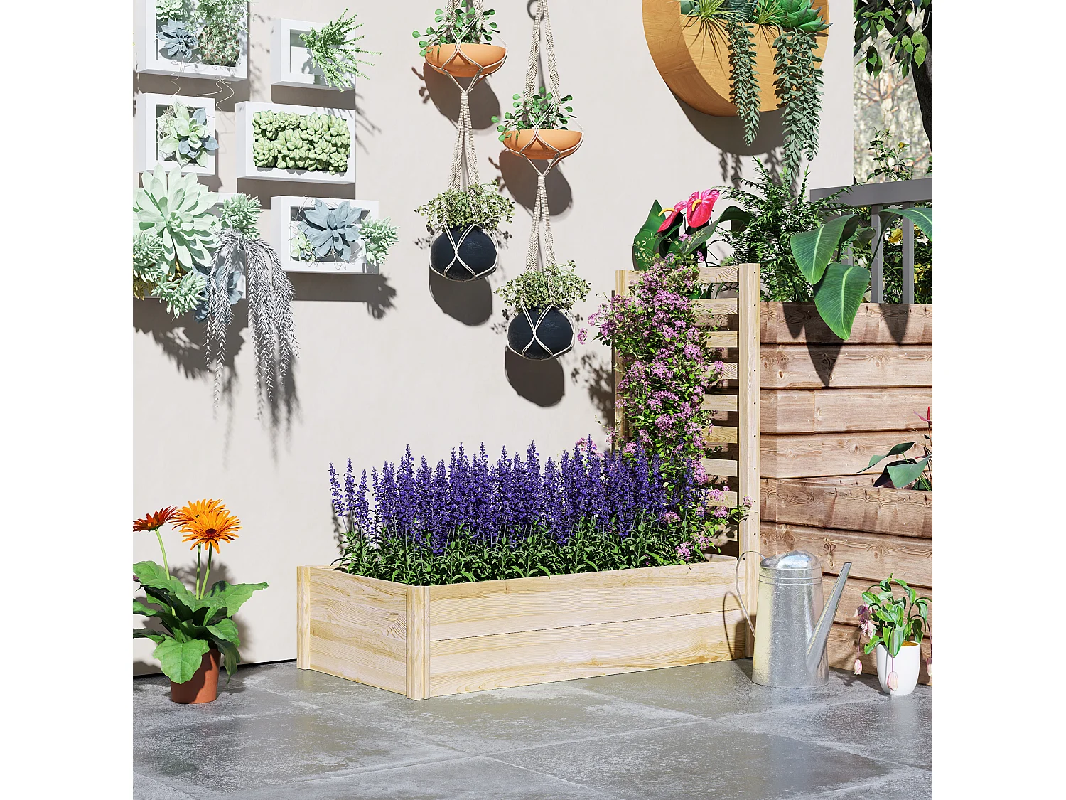 Jardinière carré potager en bois avec treillis dim. 230L x 60l x 110H cm bois sapin naturel