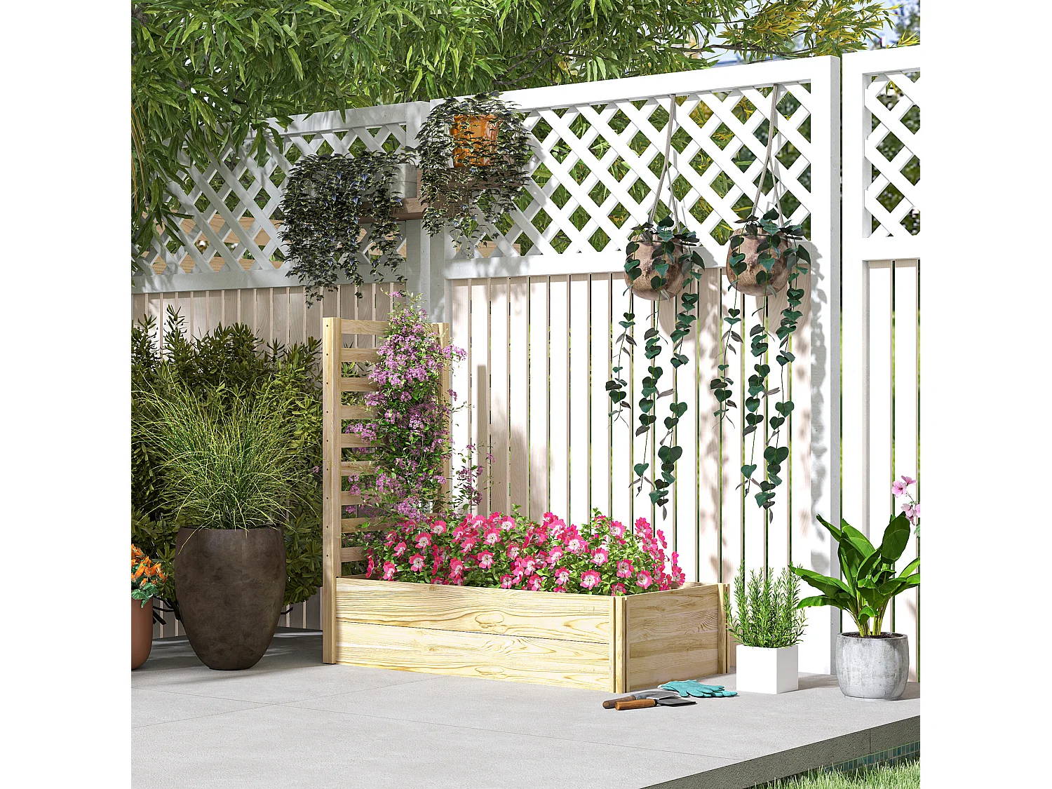 Jardinière carré potager en bois avec treillis dim. 230L x 60l x 110H cm bois sapin naturel