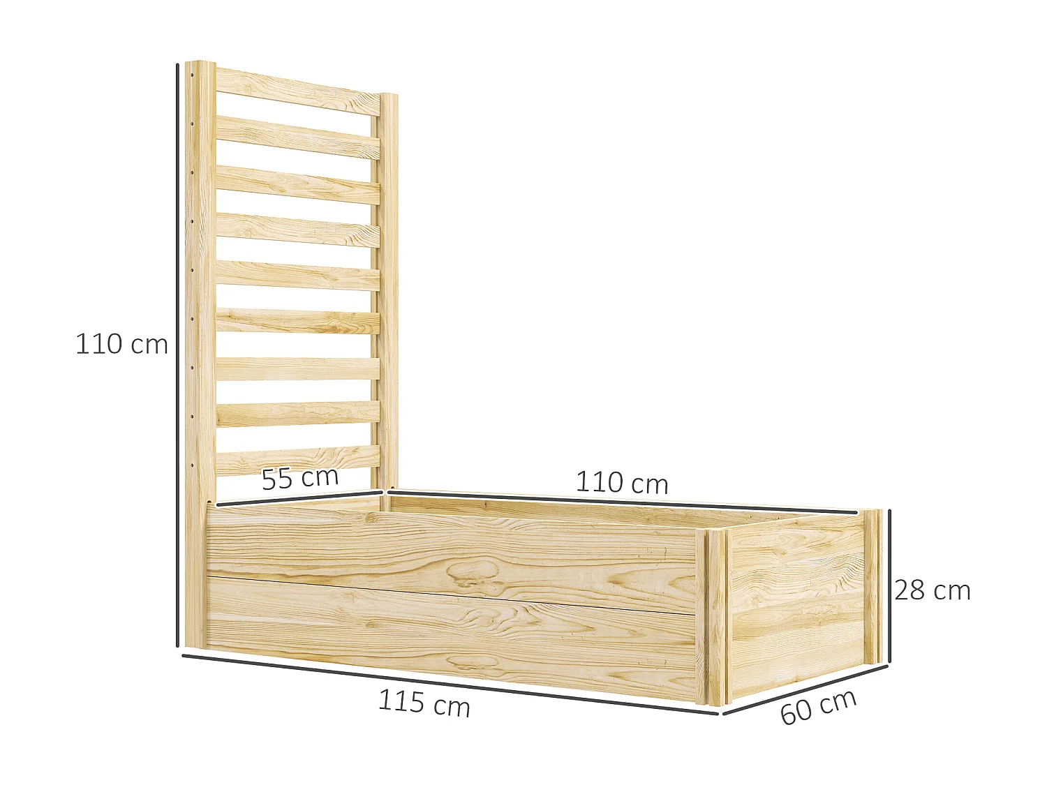 Jardinière carré potager en bois avec treillis dim. 230L x 60l x 110H cm bois sapin naturel